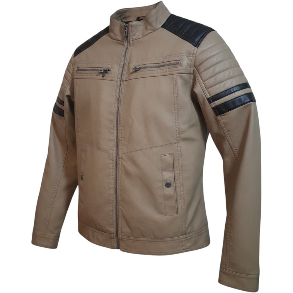 Distortion Mens Faux Leather Moto Jacket Tan Black Cafe Racer Quilted Large